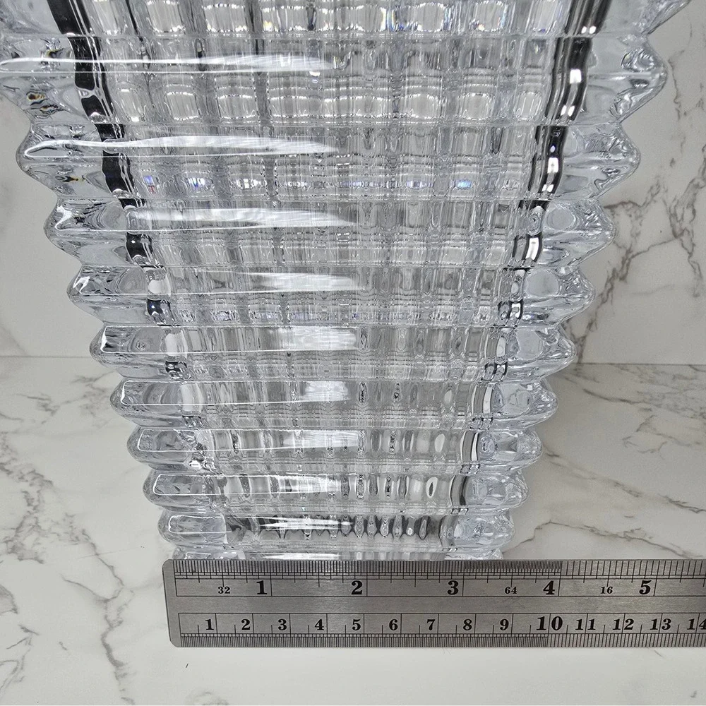 Heavy Clear Crystal Ribbed Tapered Rectangular Vase 10 Inch Modern Decor